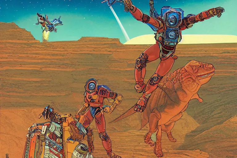 Image similar to beautiful amazons riding dinosaurs on mars against a backdrop of canyons, mercury rainbows in the sky and space fighters shooting, artwork by jean giraud