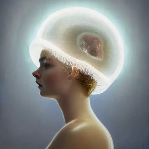 Image similar to Elle Fanning wearing a jellyfish helmet in the style of Paola Vetri, head and shoulders portrait, stormy weather, extremely detailed masterpiece, oil on canvas, low-key neon lighting, artstation, Blade Runner 2049, Roger Deakin’s cinematography, by J. C. Leyendecker and Peter Paul Rubens and Edward Hopper and Michael Sowa,