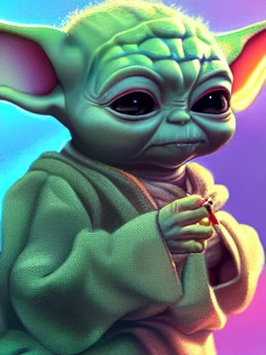 Prompt: baby yoda smocking a joint cigarette, weed, digital painting, artstation, highly detailed