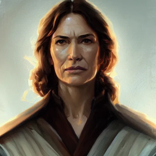 Image similar to portrait of a woman by greg rutkowski, grand jedi master jaina solo, star wars expanded universe, she is about 6 0 years old, wearing jedi robes, highly detailed portrait, digital painting, artstation, concept art, smooth, sharp foccus ilustration, artstation hq