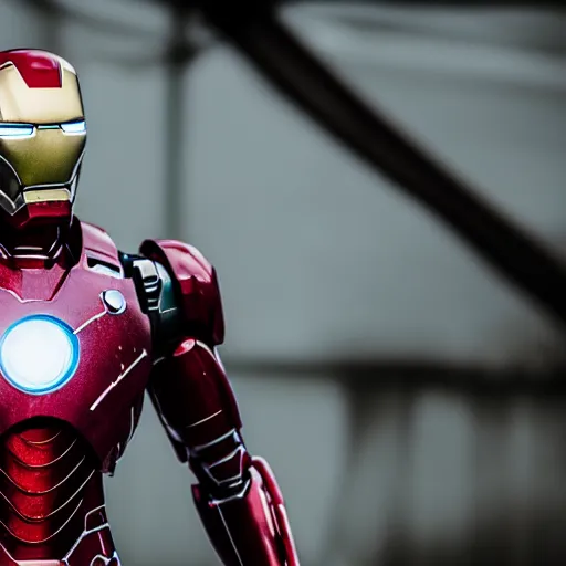 Image similar to close - up ironman in a white armor, battle damaged, shallow depth of field, moody lighting, 8 k,