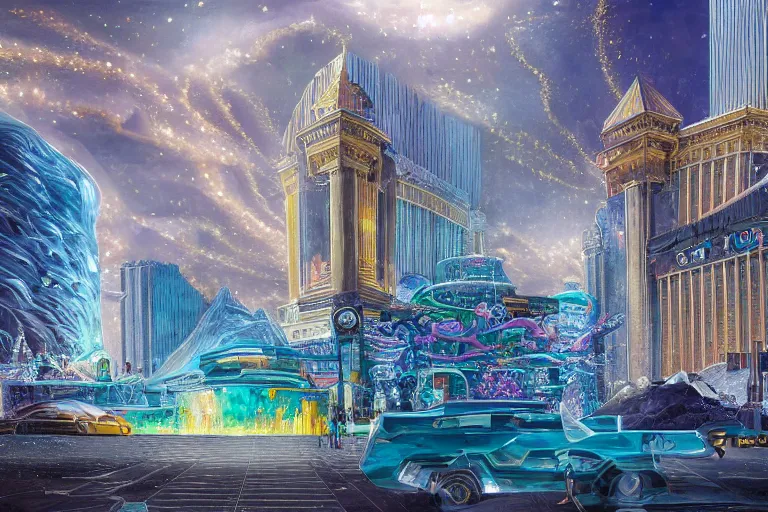 Prompt: Las Vegas strip, expensive streets with gold luxury details, advanced civilization, at Salar De Uyuni, unique formations on the surface of salt crystallization, sandwiched between sedimentary deposits, bubbling geysers, flashy, digital painting, concept art, sharp focus, from Star Trek 2021, illustration, by WLOP and Ruan Jia and Mandy Jurgens and William-Adolphe Bouguereau, Artgerm