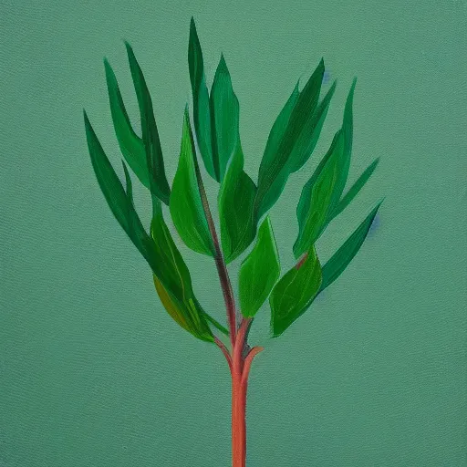 Image similar to an abstract painting of a dark green plant growing to take up everything against a mint green background, painting