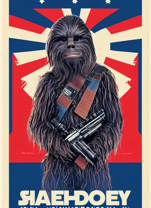 Image similar to chewbacca presidential election poster showing close up of chewbacca face red and blue duotone by sheperd fairey no text