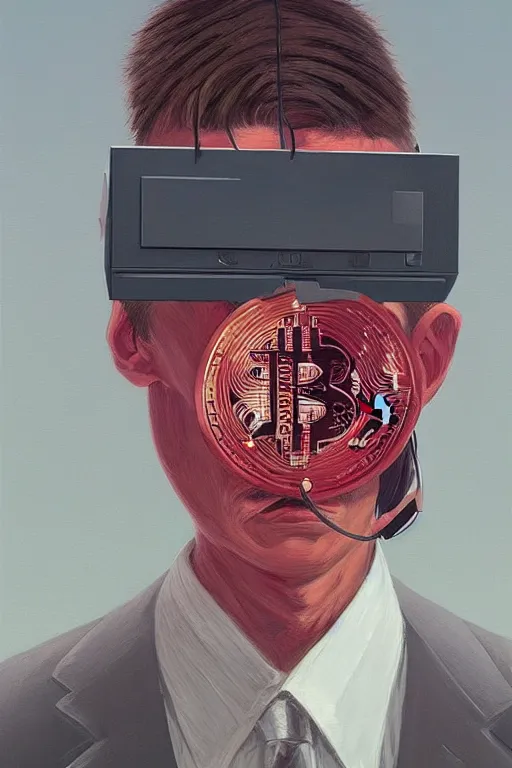 Image similar to Satoshi Nakamoto wearing oculus and bitcoin over his head Edward Hopper and James Gilleard, Zdzislaw Beksisnski, highly detailed