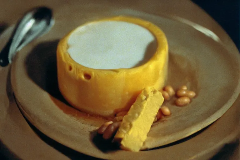 Image similar to yogurt, baked bean and cheese aspic, in 1 9 9 5, y 2 k cybercore, industrial low - light photography, still from a ridley scott movie