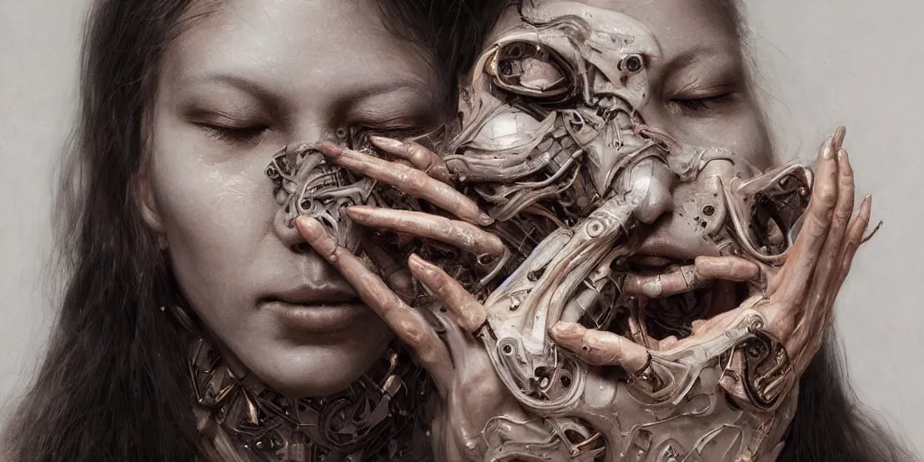 Prompt: hyperrealistic photography of a highly intricate, stunning, beautiful, perfect cyborg female, elbow, knee, intimate, hand holdings, in the style of beth cavener, jin kagetsu, chuck close, and wlop, highly detailed, face, eyes closed, symmetry, masterpiece, award - winning, sharp focus, concept art, ambient lighting, 8 k, artstation
