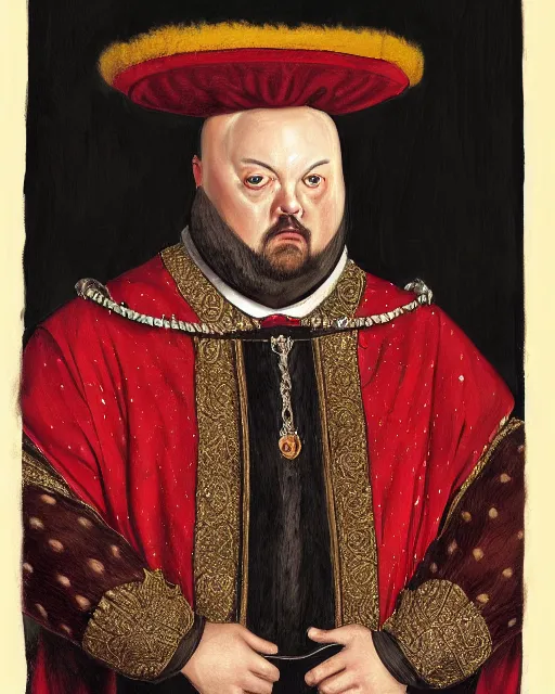 Image similar to fat gray cat with yellow eyes dressed like henry viii, tudor period clothing in scarlet gold and black, royal robes, greg rutkowski, royal portrait, painting