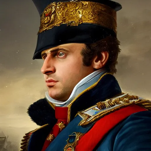 Image similar to Portrait of Emmanuel Macron as emperor napoleon, amazing splashscreen artwork, splash art, head slightly tilted, natural light, elegant, intricate, fantasy, atmospheric lighting, cinematic, matte painting, by Greg rutkowski