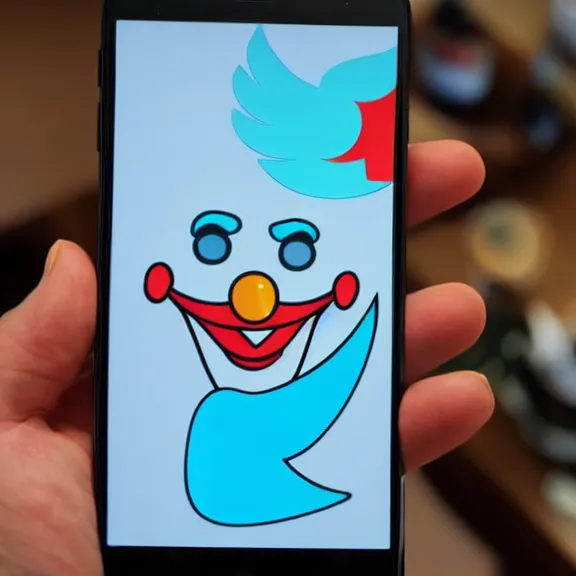 Image similar to sad clown holding a phone with the twitter logo on it