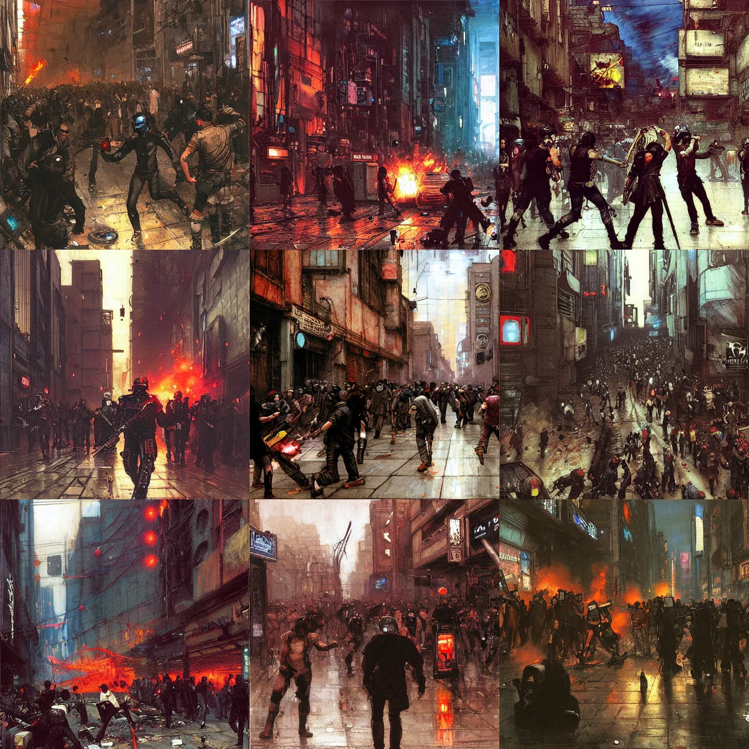 Prompt: A cyberpunk street riot painted by John William Waterhouse