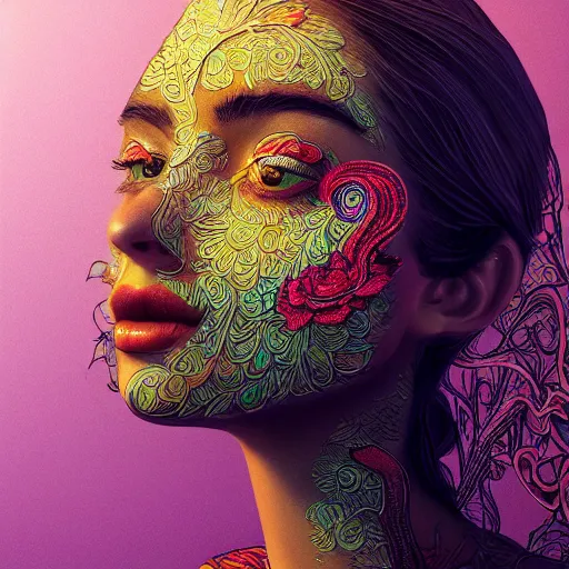 Image similar to the portrait of a beautiful and elegant young woman made up of peppers, an ultrafine detailed illustration by james jean, intricate linework, bright colors, final fantasy, behance contest winner, vanitas, angular, altermodern, unreal engine 5 highly rendered, global illumination, radiant light, detailed and intricate environment