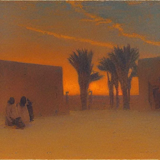 Image similar to timbuktu, by henry ossawa tanner, at sunset