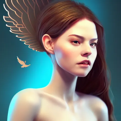 Prompt: 3 / 4 view of a portrait of a cute woman with wings with wings, confident pose, digital art,, concept art, smooth, sharp focus, illustration, trending on artstation, highly detailed, concept art, trevor carlton, mickey demeo, trending on artstation, imax 7 0 mm, h 6 4 0