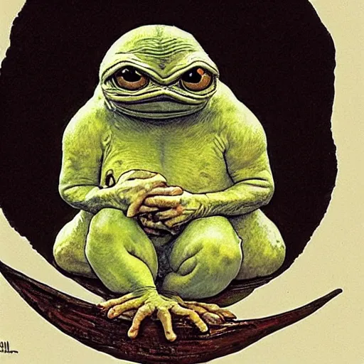 Prompt: pepe the frog gazing at the moon by norman rockwell