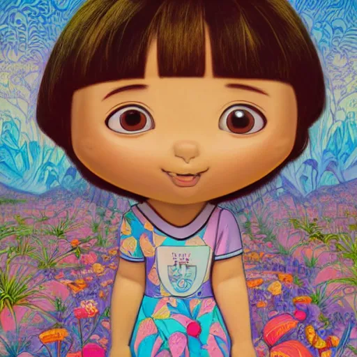 Image similar to dora the explorer as real girl in happy pose, detailed, intricate complex background, Pop Surrealism lowbrow art style, muted pastel colors, soft lighting, by Yosuke Ueno and Mucha,Contemporary Art Blog Magazine Alt Pop Surrealism Lowbrow Photography Sculpture Illustration Painting Surreal Fashion, artstation cgsociety