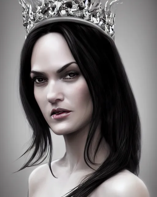 Image similar to portrait of a tall 4 0 - year - old woman with thin lips, long, lush black hair like a crown black, and thick eyebrows, wearing in black clothes, hyper realistic face, beautiful eyes, character art, art by mark brooks, hyperdetailed, cryengine, trending on artstation, digital art