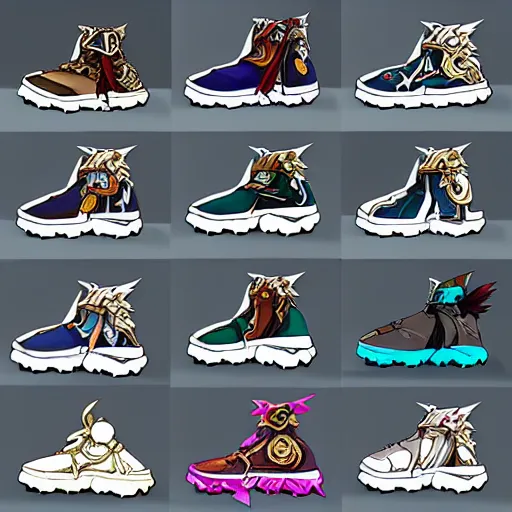 Image similar to fantasy anime jrpg sneaker design designed by studio ghibli, chrono trigger guilty gear style, aztec mayan street fashion native punk sneaker design, hip hop sneaker design with subtle mayan patterns, gapmoe yandere grimdark, trending on pixiv fanbox, painted by greg rutkowski makoto shinkai takashi takeuchi studio ghibli, akihiko yoshida