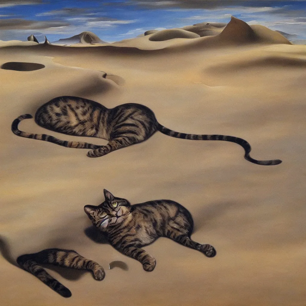 Prompt: an untradetailed oil painting of a melting cat lying on flowing desert, landscape with dunes and oasis far away, hyper realistic, magic, fantasy, by salvador dali