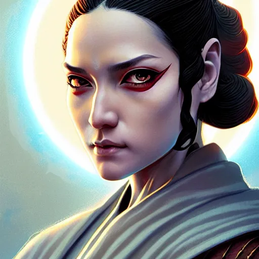 Image similar to one female jedi master, wearing the traditional jedi robe, beautiful and uniquely odd looking, detailed symmetrical close up portrait, intricate complexity, in the style of artgerm and ilya kuvshinov, magic the gathering, star wars art