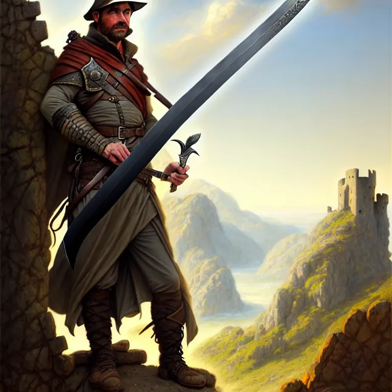 Prompt: middle age ranger with rugged expressions falcon pet on his shoulder holding a long sword, top a cliff observing old ruins of a castle, elegant clothing, photorealistic render, matte painting, highly detailed, artstation, smooth, sharp focus, art by, artgerm, greg rutkowski