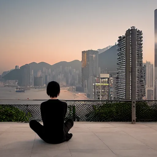 Image similar to a small rooftop with a couple of people sitting and watching the view, wearing black modern clothes, designed by rick owens, messy short hair, modern hong kong is on the background, sunset, pale colors, by gregory crewdson