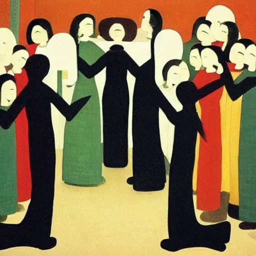 Prompt: “a painting of friends doing celebration by Will Barnet”