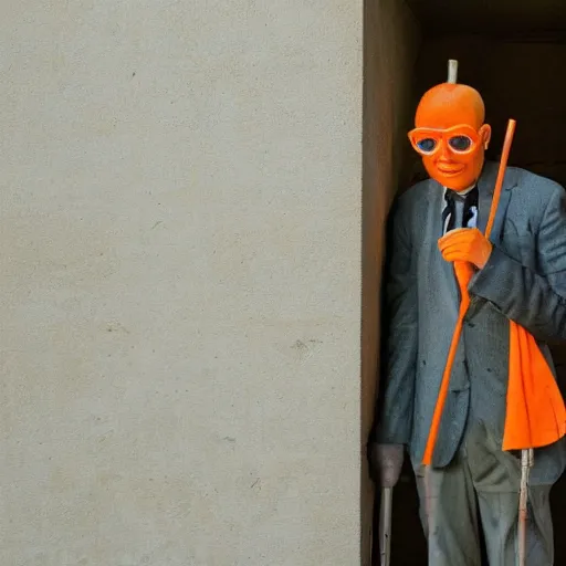 Prompt: a blind man with an orange cane