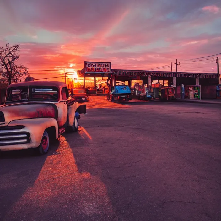 Image similar to a sunset light landscape with historical route 6 6, lots of sparkling details and sun ray ’ s, blinding backlight, smoke, volumetric lighting, colorful, octane, 3 5 mm, abandoned gas station, old rusty pickup - truck, beautiful epic colored reflections, very colorful heavenly, softlight