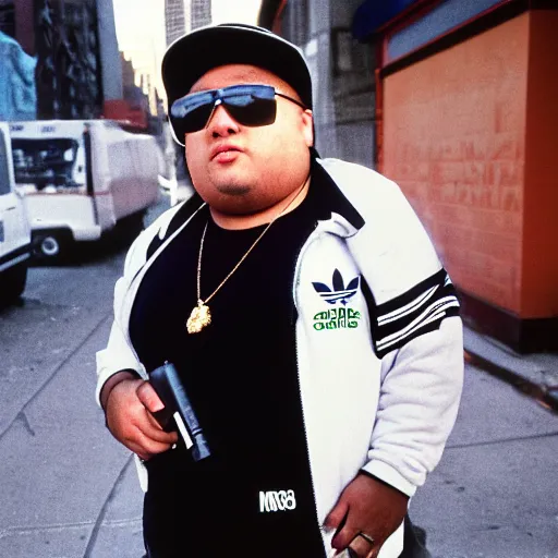 Prompt: 1985 the Bronx in New York. A photographic portrait of a fat tough rapper wearing a white jogging and white Adidas sneakers and a lot of gold necklace and a white sun hat and holding a gun and a getthoblast. Gang vibes. Kodachrome. High quality press photography. A bit out of focus. 120mm. Washed out colors. Picture taken in the street of the Bronx. Summer day