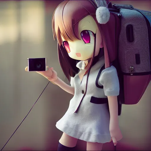 Image similar to cute fumo plush of a tourist girl taking photographs, anime girl, vray