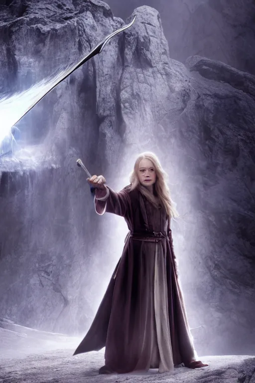 Image similar to film still of emma stone as gandalf in lord of the rings movie, glamour pose, dramatic lighting, octane, volumetric lighting, 8 k