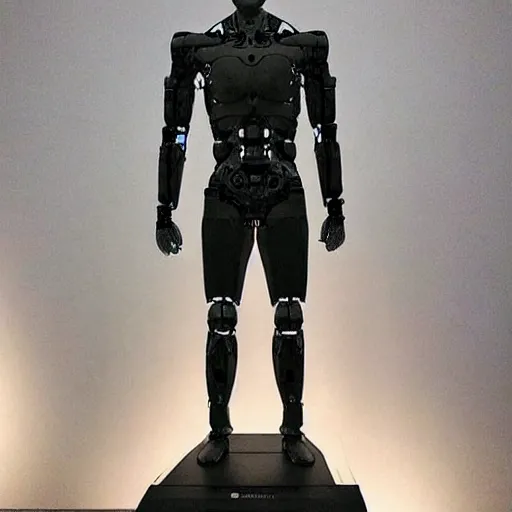 Image similar to “a realistic detailed photo of a guy who is an attractive humanoid who is half robot and half humanoid, who is a male android, actor Liam Hemsworth, shiny skin, posing like a statue, blank stare, at the museum, on display”