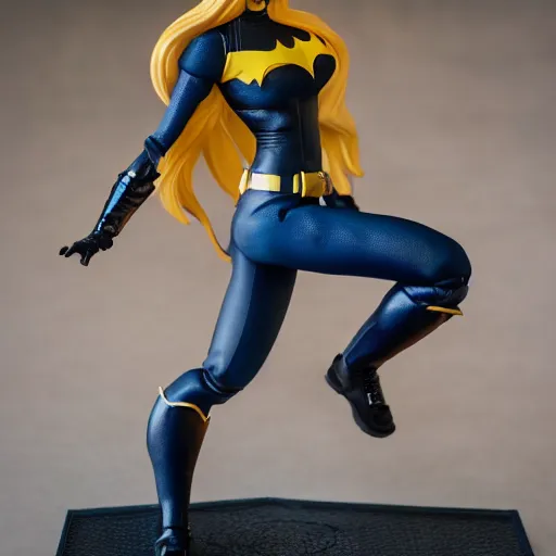 Prompt: high resolution photo of batgirl as an action figure on a pedestal posed in an action pose.