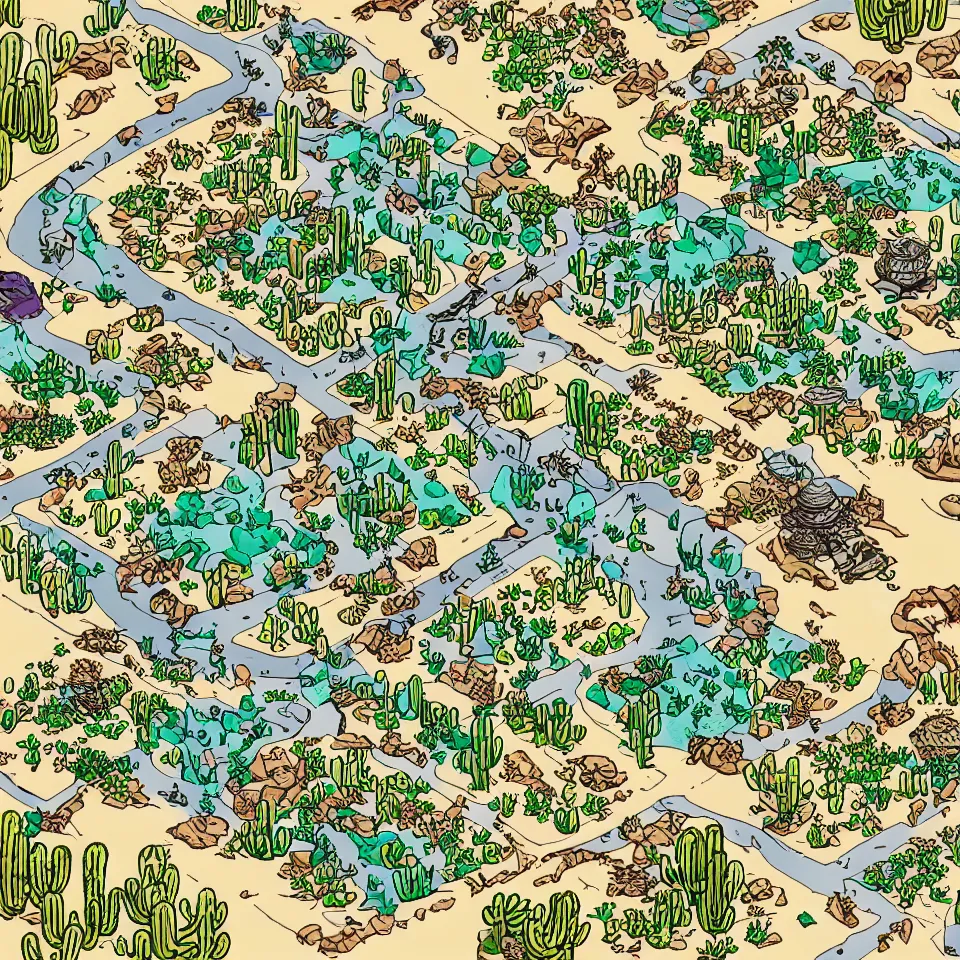 Image similar to a detailed hand drawn isometric game map of the Mojave desert with cactuses and a monster Scorpions