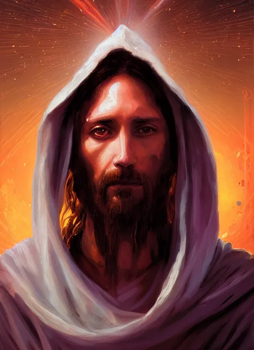 Image similar to detailed portrait of Jesus wearing a cloak over his head, eyes on fire with celestial flames, a halo of shimmering color around him, future earth in the background, by Jason Jenicke and Jeremy Mann, intricate, beautiful, stylized, detailed, realistic, loose brush strokes, dramatic, enduring, captivating, Artstation