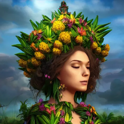 Image similar to Mother Nature with a crown made of flowers towering over a tropical island, Dramatic Lighting, Trending on Artstation HQ, 4K, UHD.