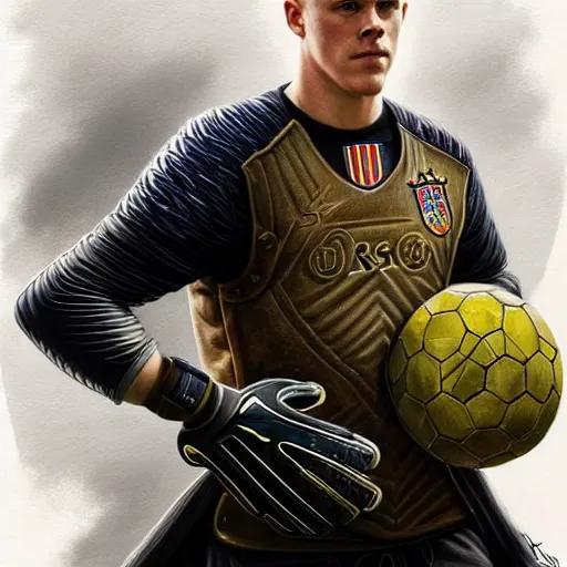 Prompt: Ter Stegen holding an explosive, goalkeeper, football pitch, D&D, fantasy, intricate, elegant, highly detailed, digital painting, artstation, concept art, matte, sharp focus, illustration, art by Artgerm and Greg Rutkowski and Alphonse Mucha