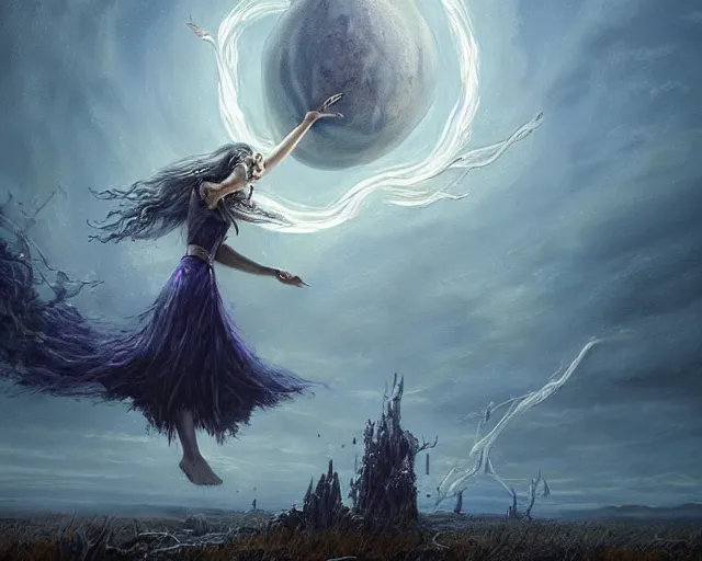 Image similar to sorceress casting powerful meteor spell in the plains. highly detailed painting by seb mckinnon 8 k