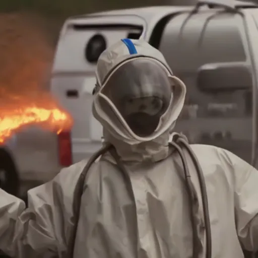 Prompt: cinematic film footage of a man in a hazmat suit being chased by a monster