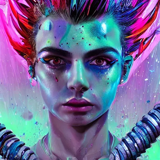 Image similar to splashes of neon galaxies, mowhawk, punk wizard portrait made out of paint, trending on artstation, epic composition, emotional, beautiful, rendered in octane, highly detailed, realistic, tim burton comic book art, sharp focus, unreal engine