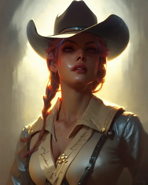 Image similar to ashe from overwatch, cowgirl, character portrait, portrait, close up, concept art, intricate details, highly detailed by greg rutkowski, michael whelan and gustave dore