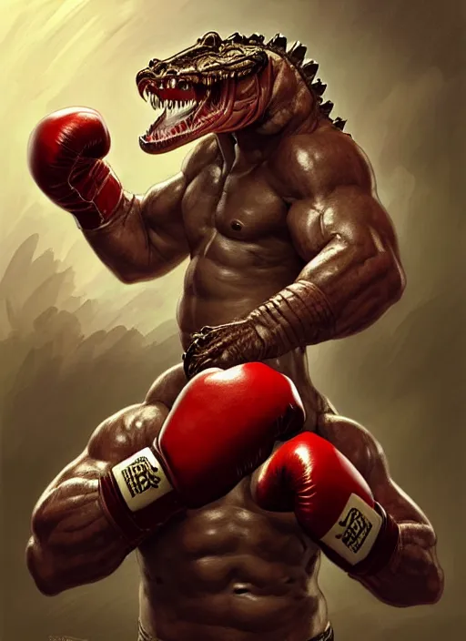 Prompt: portrait of aggressive humanoid crocodile wearing boxing gloves, d & d, muscular! fat! fantasy, intricate, elegant, highly detailed, digital painting, artstation, concept art, smooth, sharp focus, illustration, art by artgerm and greg rutkowski and alphonse mucha