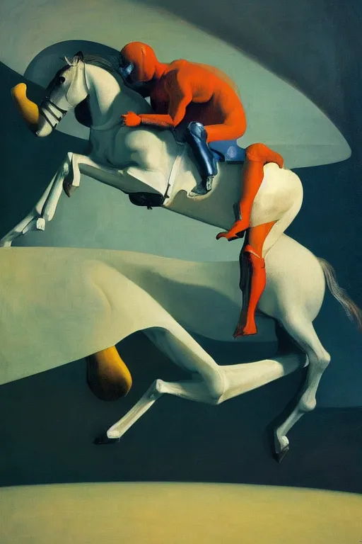 Prompt: a horse sits on a lying astronaut, hauntingly surreal, highly detailed painting by francis bacon, edward hopper, adrian ghenie, gerhard richter, and james jean soft light 4 k,