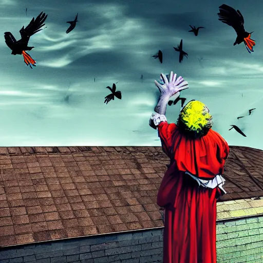 Image similar to A clown on the roof of the church playing with crows, futurist, digital art, dramatic lighting, symbolic