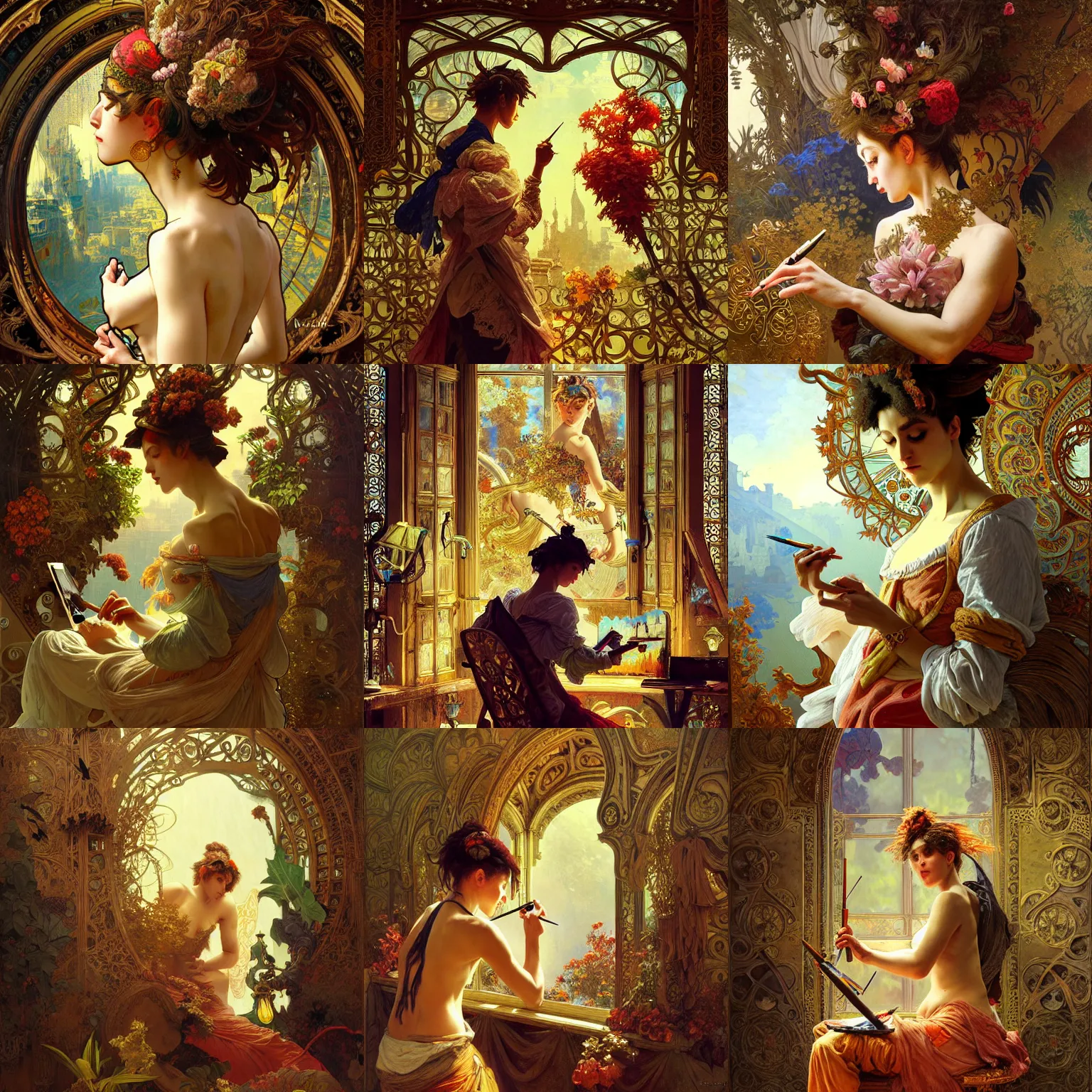 Prompt: A french artist painting on a canvas the art is visible Neo Rococo Expressionist orientalism, extreme plus resolution fantasy concept art, intricate details to everything visible, sharp lighting, Dramatic light by denis villeneuve, strong emphasis on alphonse mucha, Makoto Shinkai