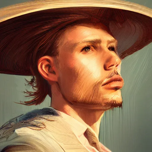 Prompt: Portrait of Sam Gray wearing a sombrero hat, by Cedric Peyravernay, highly detailed, excellent composition, cinematic concept art, dramatic lighting, trending on ArtStation