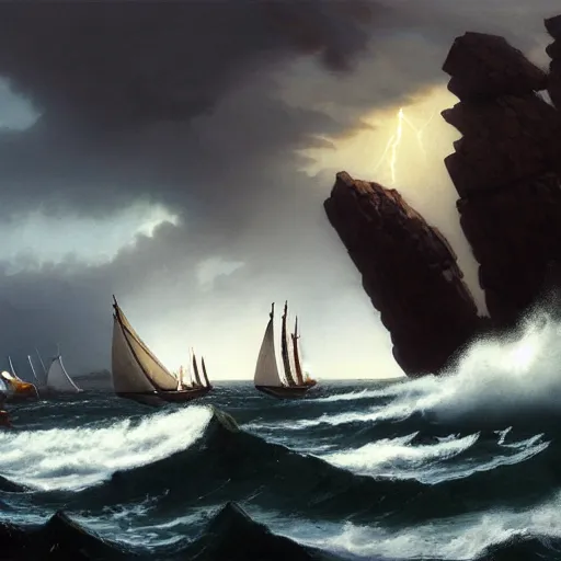 Image similar to a fleet of ancient trojan sailboats, amidst crashing waves and huge looming rocks, whirlpool, trireme, skiff, wooden sailboats, by greg rutkowski, grim, lightning flashes, sky swirling with black wind, dark sky, dramatic, realistic, detailed, ancient, artstation, artgerm, digital painting