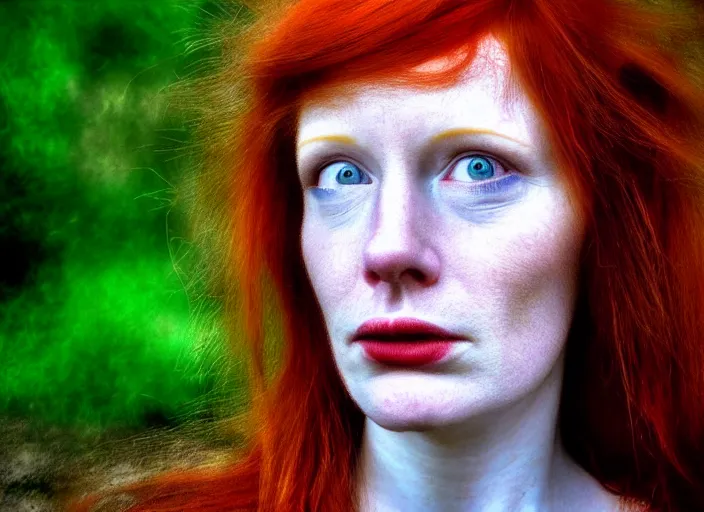 Prompt: award winning face close up portrait of a redhead in a park by hr giger