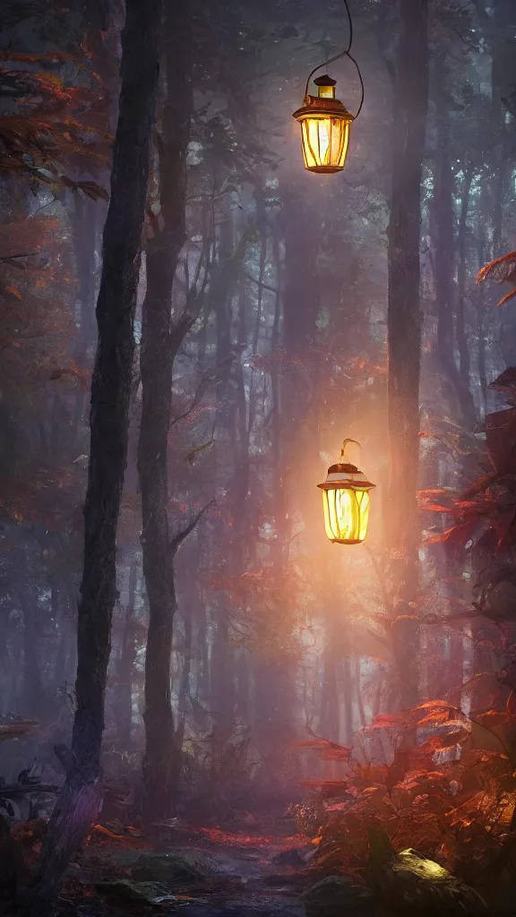 Image similar to glowing lantern in a fantasy forest at night, artstation hq, photorealistic, hiperrealistic, sharp focus, 4 k uhd, unreal engine 5, cinematic shot, cinematic lightning, dark tones, high contrast, intricate, masterpiece